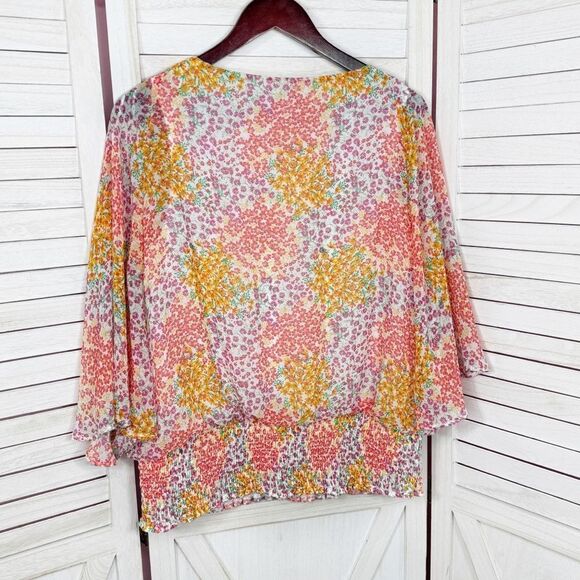 Sam & Jess Floral Butterfly Sleeve Smocked Waist Blouse Pink Multi Large - Picture 10 of 14